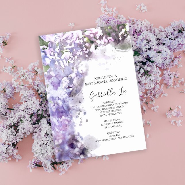 Invitation Fleurs Lilac violettes Baby shower aquarelle (Créateur téléchargé)