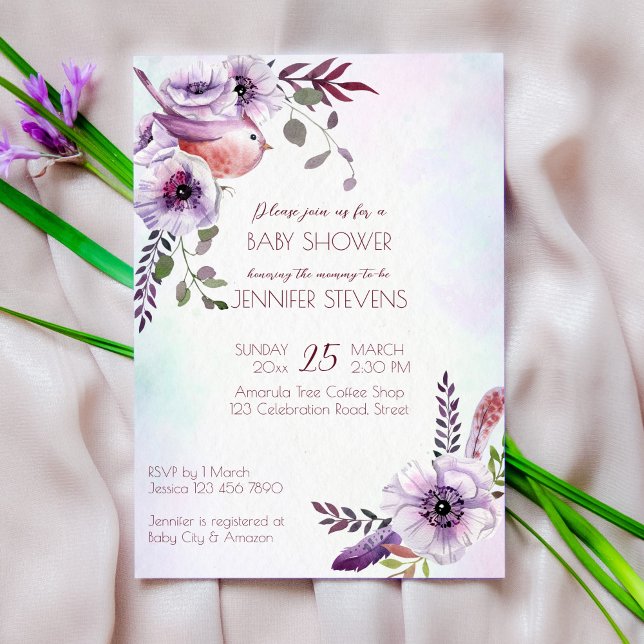Invitation Fleurs lilas bordeaux pourpres avec plumes d'oisea (Créateur téléchargé)