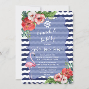 Invitation Fleurs Luau Flamant rose Marine Stripes Brunch & B
