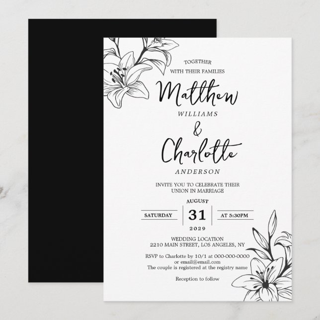 Invitation Fleurs Lys classiques et élégantes Mariage noir et (Devant / Derrière)