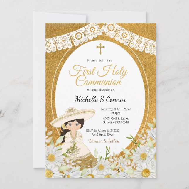 Invitation Fleurs marguerites Charra Fille Première Communion (Devant)