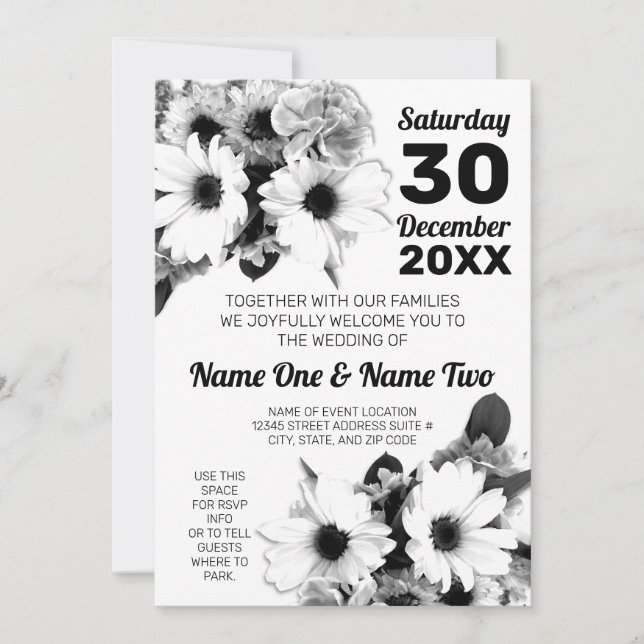 Invitation Fleurs marguerites noires et blanches Mariage flor (Devant)