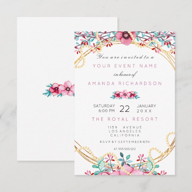 Invitation Fleurs Mariage Anniversaire Or Rose Perle Doux Bla (Devant / Derrière)