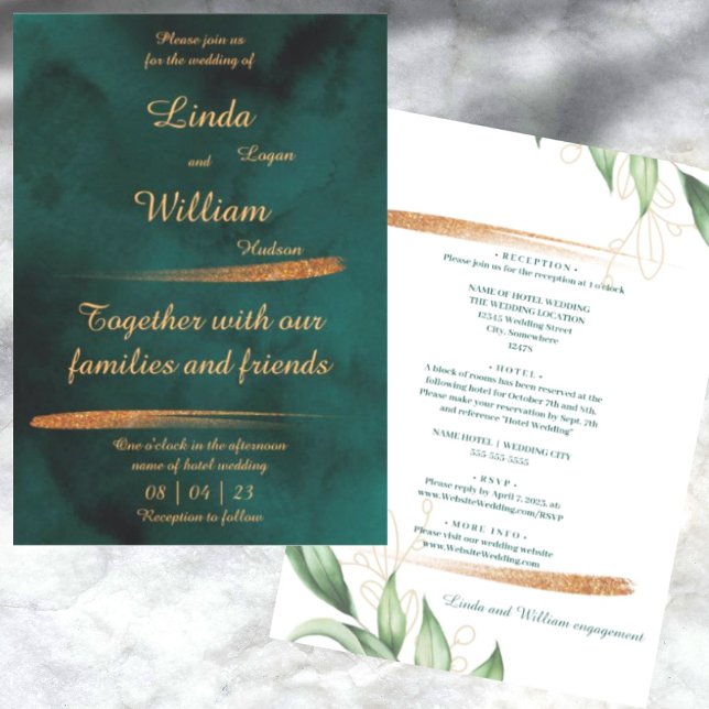 Invitation Fleurs Mariage Deep Sea Vert foncé Aquarelle (Créateur téléchargé)