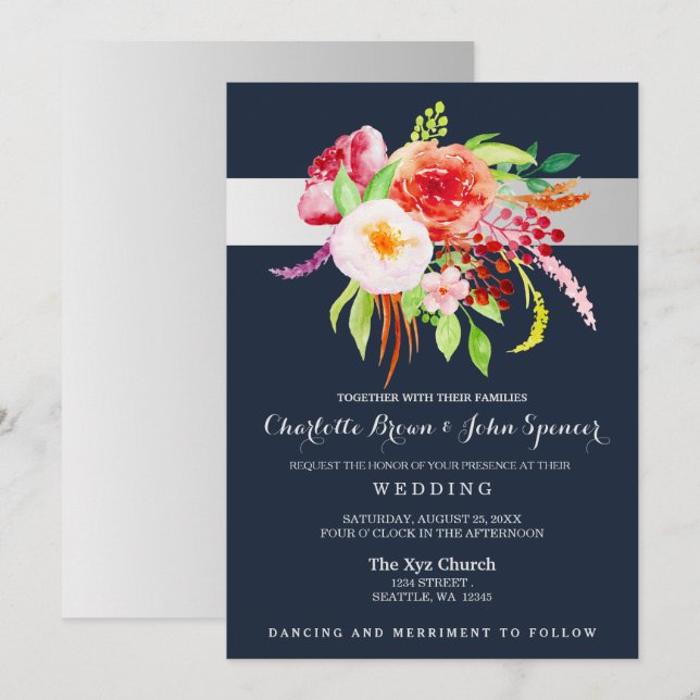 Invitation fleurs marine et argent mariage d'aquarelle (Devant / Derrière)