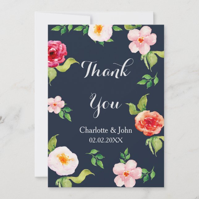 Invitation fleurs marine et argent mariage d'aquarelle (Devant)