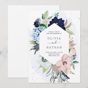 Invitation Fleurs marines Mariage bleu et rose pâle de la mar