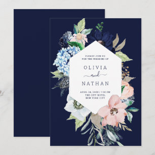 Invitation Fleurs marines Mariage bleu et rose pâle de la mar