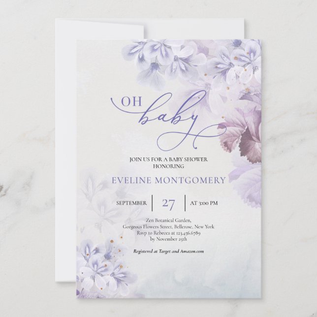 Invitation Fleurs mauve pastel doux rose poussiéreux Oh Baby  (Devant)
