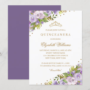 Invitation Fleurs Mauves Aquarelle Or Quinceanera