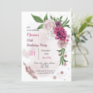 Invitation fleurs mauves roses et feuilles verts