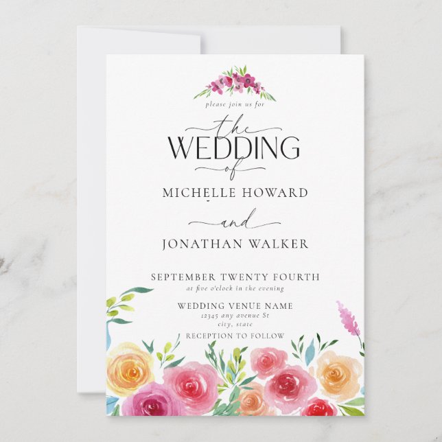 Invitation Fleurs mexicaines Fiesta Script élégant Mariage QR (Devant)