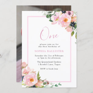 Invitation Fleurs mignonnes Blush Filles 1er Anniversaire Pho