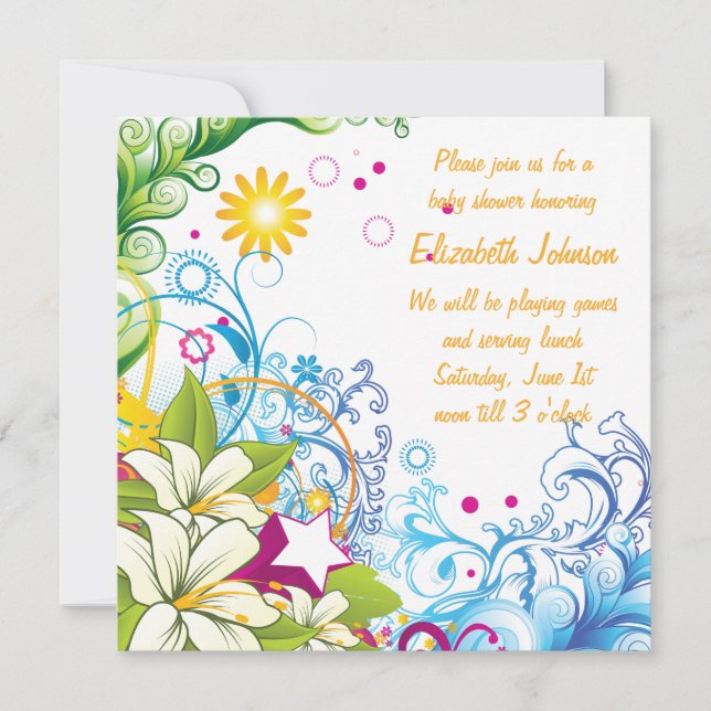 Invitation Fleurs mignonnes et étoiles Baby shower neutre gen (Devant)