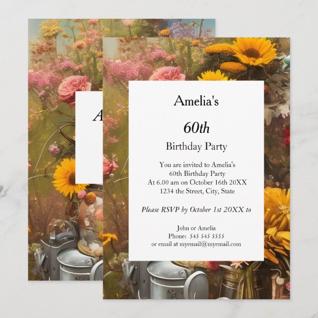 Invitation Fleurs modernes de la ferme fête d'anniversaire (Devant / Derrière)