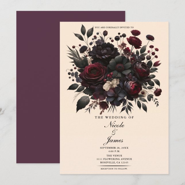 Invitation Fleurs Moody foncé Élégant Mariage à la crème flor (Devant / Derrière)