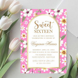 Invitation Fleurs Motif Sweet sixteen rose 16 Anniversaire