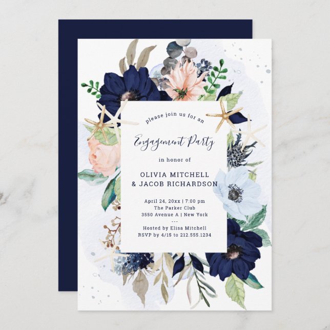 Invitation Fleurs nautiques| Groupe d'engagement Mariage (Devant / Derrière)