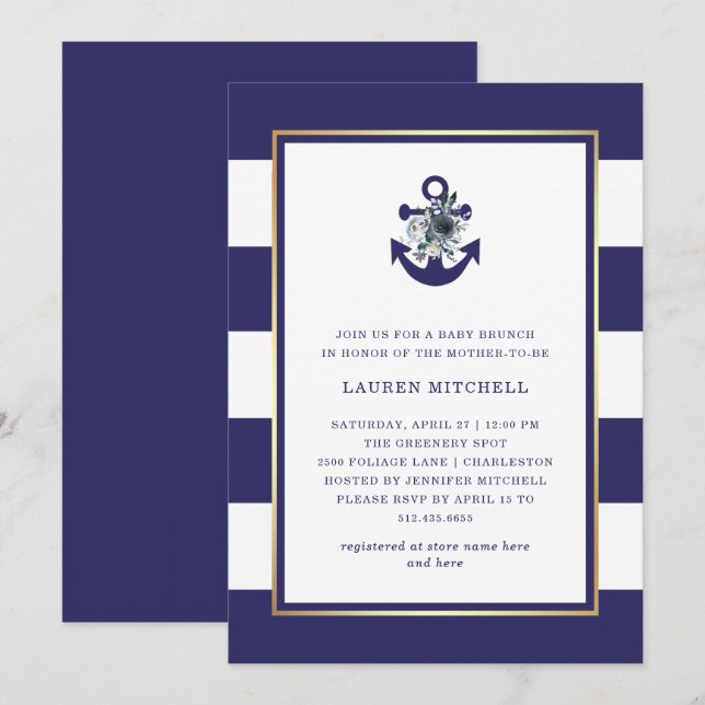 Invitation Fleurs nautiques | Navy Blue Floral Baby Brunch (Devant / Derrière)