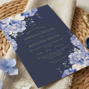 Invitation Fleurs Navy ⎮Élégant Tout en Un