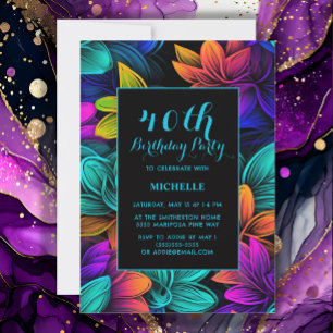 Invitation Fleurs néon orange sarcelle violet 40e anniversair