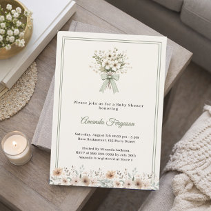 Invitation Fleurs neutres vert ivoire Baby Shower d'été