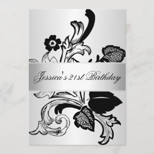 Invitation Fleurs noires d'argent élégantes