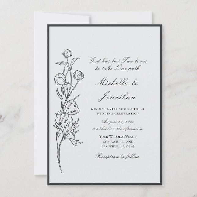Invitation Fleurs noires dessinées à la main moderne Mariage  (Devant)