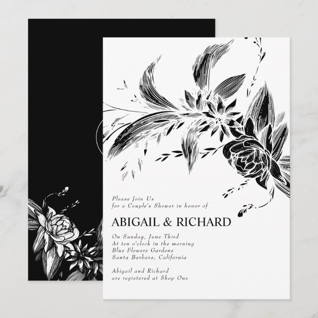 Invitation Fleurs noires et blanches mariages douche (Devant / Derrière)