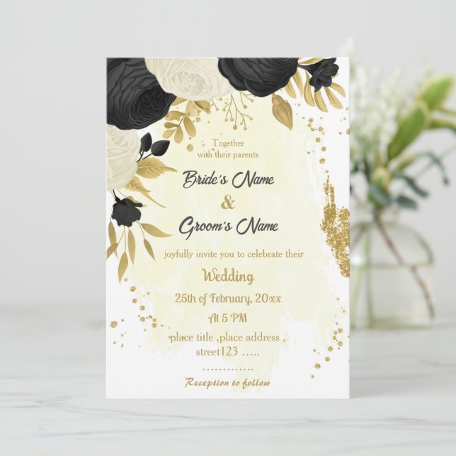 Invitation fleurs noires et blanches or mariage (Debout devant)