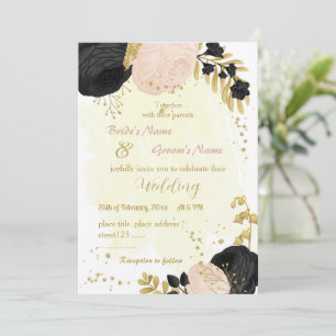Invitation fleurs noires et roses or mariage