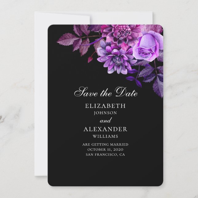 Invitation Fleurs noires et violettes. Enregistrer la date (Devant)