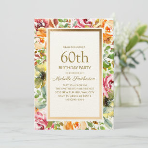 Invitation Fleurs orange rouge Feuilles vertes or 60e anniver