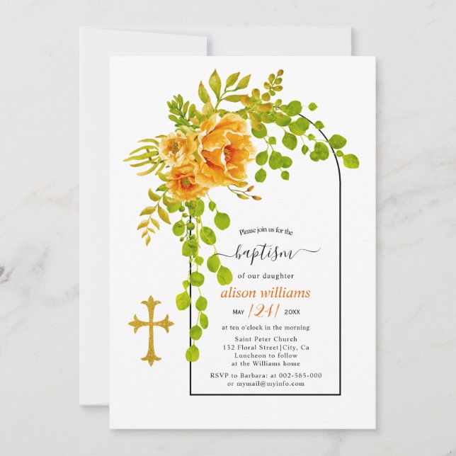 Invitation Fleurs orangées et baptême à arc fleuri (Devant)