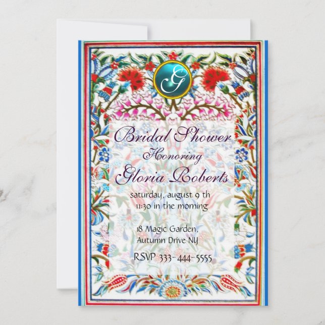 Invitation FLEURS ORIENTALES DAMASK MONOGRAM Blue Aquamarine (Devant)