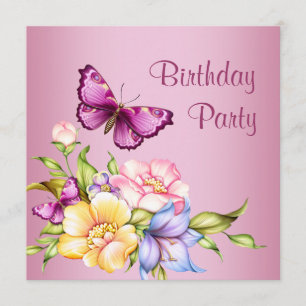 Invitation Fleurs papillon de couleur or rose pour l'annivers