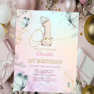 Invitation Fleurs Papillon Rayé Coloré 1er Anniversaire