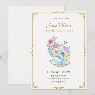 Invitation Fleurs papillon tasse de thé anniversaire