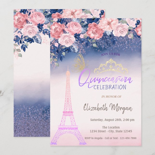 Invitation Fleurs, Papillon Tour Eiffel Ombre Quinceanera (Devant / Derrière)