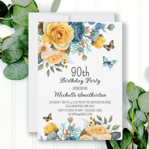 Invitation Fleurs papillons bleu poussiéreux 90e anniversaire