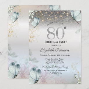 Invitation Fleurs Papillons Bleus Argent 80e Anniversaire