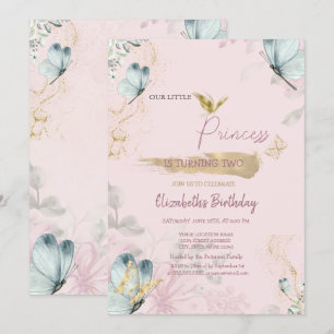Invitation  Fleurs Papillons Bleus Rose Anniversaire 