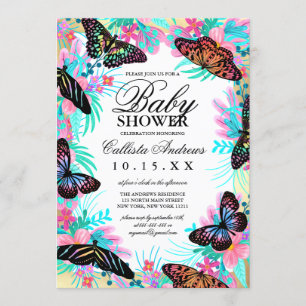 Invitation Fleurs papillons Feuille Baby shower d'aquarelle