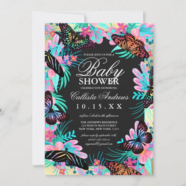 Invitation Fleurs papillons Feuille Baby shower d'aquarelle (Devant)