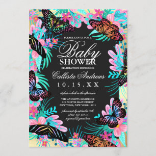 Invitation Fleurs papillons Feuille Baby shower d'aquarelle