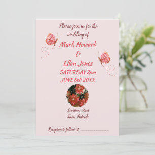 Invitation Fleurs papillons Mariage corail