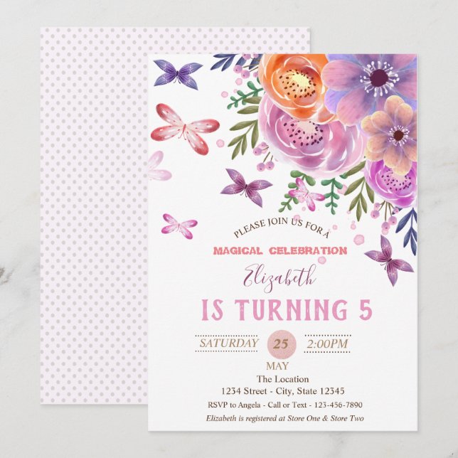 Invitation Fleurs Papillons Pois Anniversaire (Devant / Derrière)