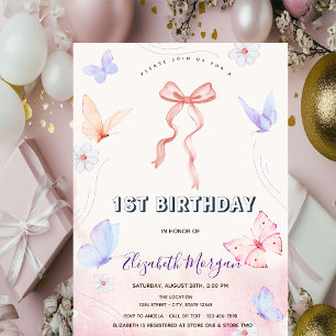 Invitation Fleurs Papillons Ruban Rose Anniversaire Rayé