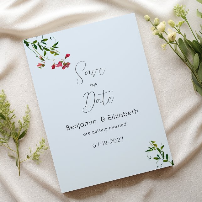 Invitation Fleurs pastel bleu rose rouge vert rouge Enregistr (Pastel blue pink red green flowers Save the Date)