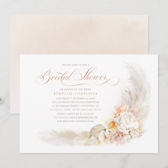 Invitation Fleurs pastel douces et Fête des mariées en laiton (Devant / Derrière)